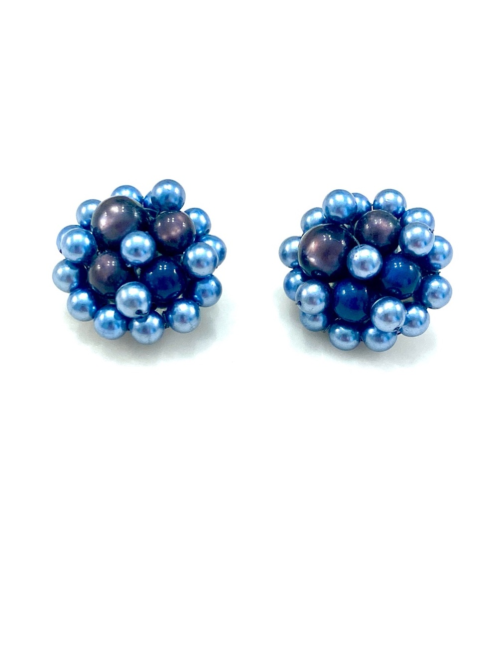 Vintage Signed Japan Blue Faux Pearl Beaded Cluster Clip On Earrings Mid Century